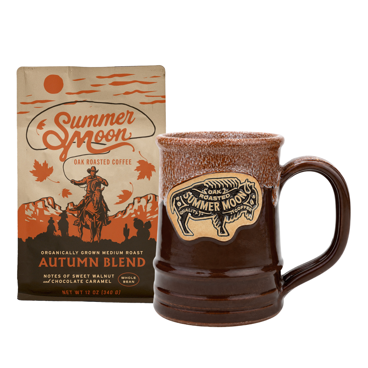Summer Moon Autumn Blend coffee packaging bag next to a brown ceramic mug with a bison logo and the brand name 'Summer Moon' on the front, on a white background.