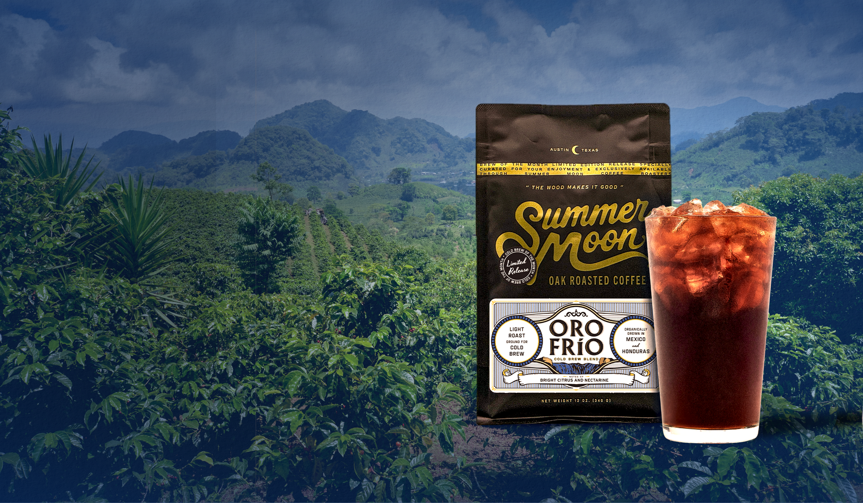 A bag of Summer Moon Oro Frio roasted coffee stands next to a tall glass of iced coffee with ice, set against a scenic background of green coffee plantations and mountains under a cloudy blue sky.