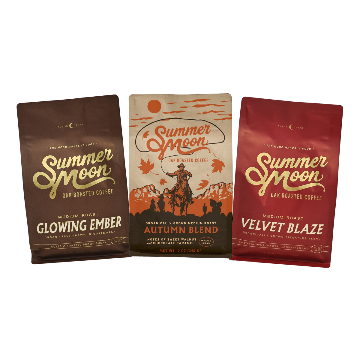 Three bags of Summer Moon Coffee: Medium Roast Glowing Ember, Medium Roast Autumn Blend, Medium Roast Velvet Blaze. 